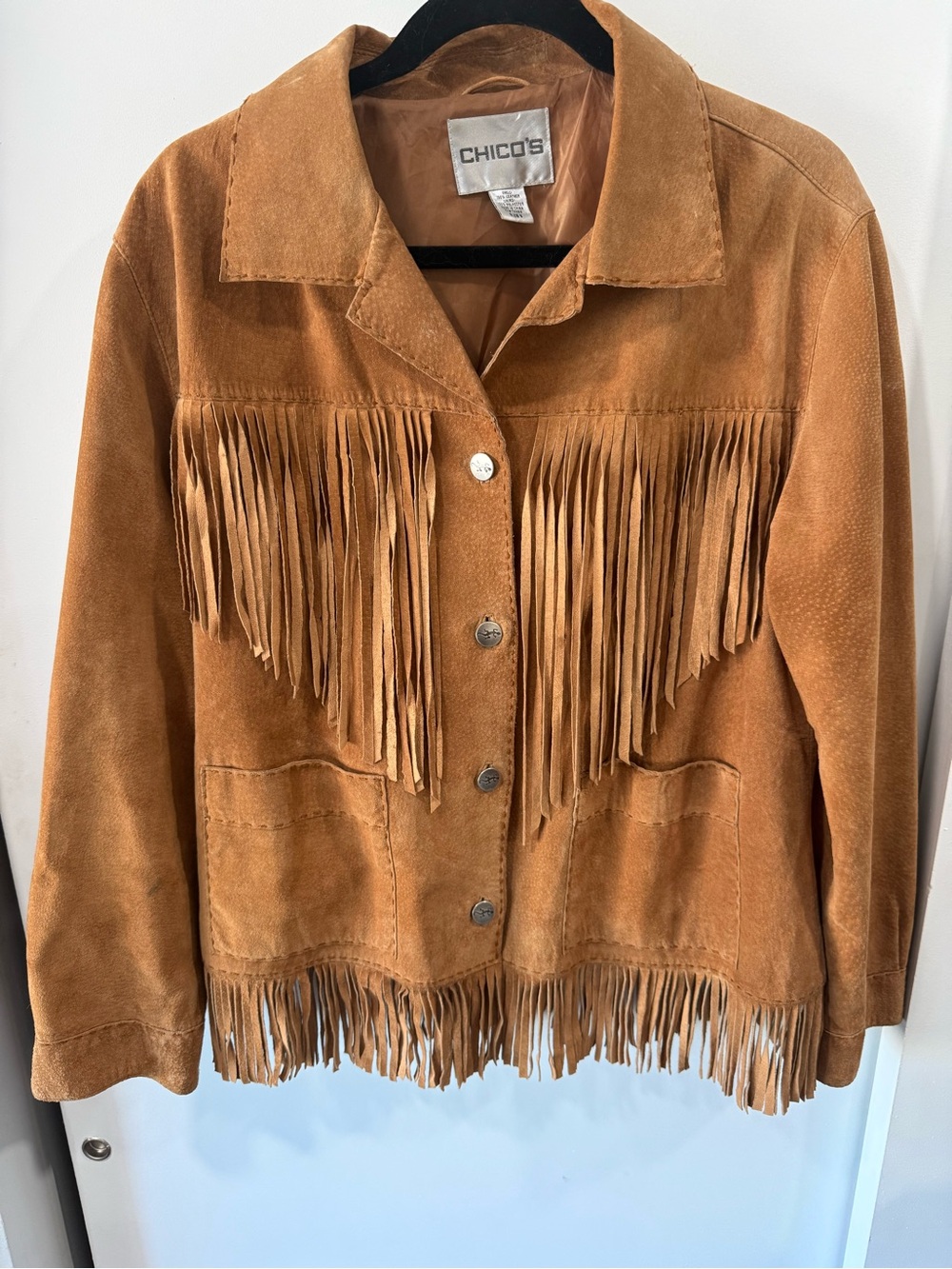 Chico's Tan Genuine Suede Fringe Button-Front Jacket